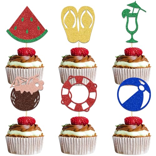 Cupcake-Topper für den Sommer, Strand, Hawaii, Junggesellinnenabschied, Dekoration, Aloha, Luau, Geburtstagsdekoration, Sommerurlaub, Partyzubehör, Rot, Gold, Grün, Glitzer, 24 Stück Cupcake-Topper für den Sommer, Strand, Hawaii, Junggesellinnenabschied, Dekoration, Aloha, Luau, Geburtstagsdekoration, Sommerurlaub, Partyzubehör, Rot, Gold, Grün, Glitzer, 24 Stück von Qxcv
