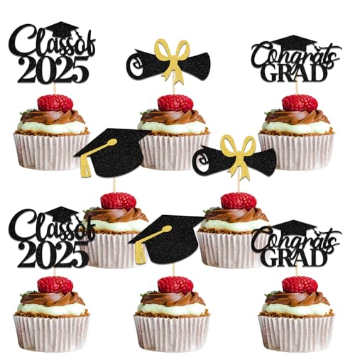 Cupcake-Topper mit Aufschrift "Congrats Grade", Klasse 2025, Abschlussfeier, Party-Dekoration, 2025 mit Aufschrift "We Are so Proud of You", 2025 Congrats Grad, Schwarz / Gold Glitzer Cupcake-Topper mit Aufschrift "Congrats Grade", Klasse 2025, Abschlussfeier, Party-Dekoration, 2025 mit Aufschrift "We Are so Proud of You", 2025 Congrats Grad, Schwarz / Gold Glitzer von Qxcv