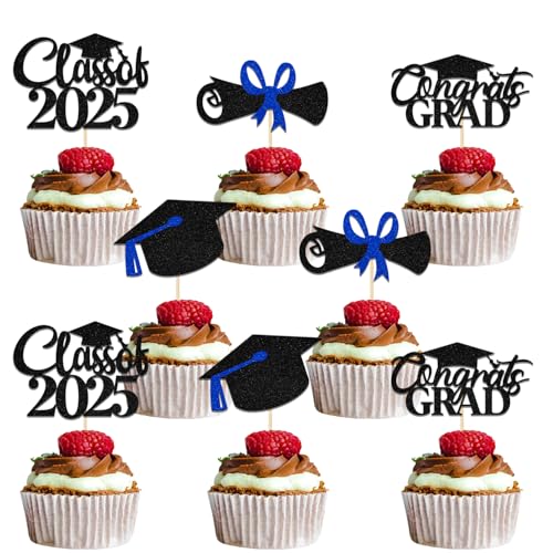 Cupcake-Topper mit Aufschrift "Congrats Grade", Klasse 2025, Abschlussfeier, Party-Dekoration, 2025 mit Aufschrift "We Are so Proud of You", 2025 Congrats Grade Cap Supplies Schwarz Blau Glitzer Cupcake-Topper mit Aufschrift "Congrats Grade", Klasse 2025, Abschlussfeier, Party-Dekoration, 2025 mit Aufschrift "We Are so Proud of You", 2025 Congrats Grade Cap Supplies Schwarz Blau Glitzer von Qxcv