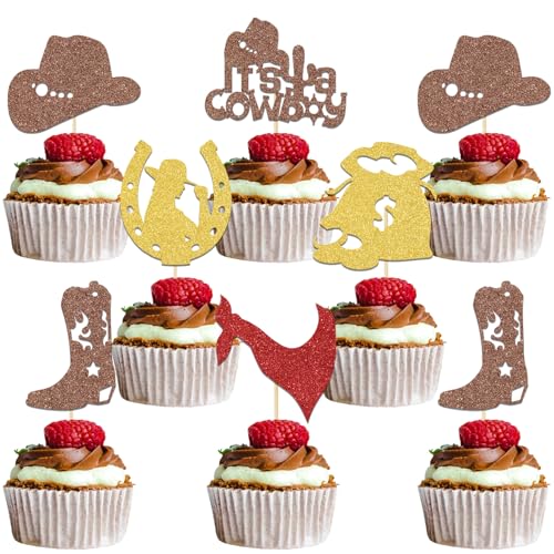Cupcake-Topper mit Aufschrift "It's a Cowboy" für Babyparty, Western-Rodeo, erster Geburtstag, Party, Dekoration, Braun, Rot, Gold, Glitzer, 24 Stück Cupcake-Topper mit Aufschrift "It's a Cowboy" für Babyparty, Western-Rodeo, erster Geburtstag, Party, Dekoration, Braun, Rot, Gold, Glitzer, 24 Stück von Qxcv