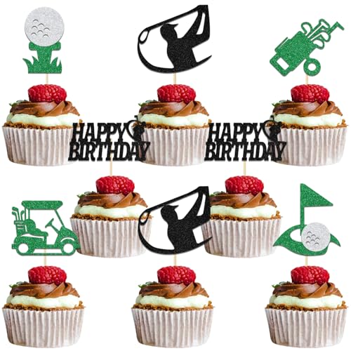 Golf-Cupcake-Topper, Golf, Geburtstagsparty, Dekoration, Golf, Junggesellinnenabschied, Dekoration, Sportspieler-Zubehör, Grün, Silber, Schwarz, Glitzer, 24 Stück Golf-Cupcake-Topper, Golf, Geburtstagsparty, Dekoration, Golf, Junggesellinnenabschied, Dekoration, Sportspieler-Zubehör, Grün, Silber, Schwarz, Glitzer, 24 Stück von Qxcv
