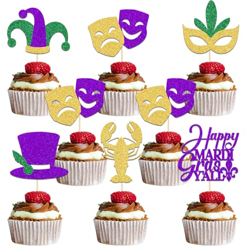 Happy Mardi Gras Y'all Cupcake Topper, Happy Mardi Gras Birthday Cupcake Topper, Maskerade Masken Party Dekoration, Karneval Motto Geburtstag Junggesellinnenabschied Supplies Gold Grün Lila Glitzer Happy Mardi Gras Y'all Cupcake Topper, Happy Mardi Gras Birthday Cupcake Topper, Maskerade Masken Party Dekoration, Karneval Motto Geburtstag Junggesellinnenabschied Supplies Gold Grün Lila Glitzer von Qxcv