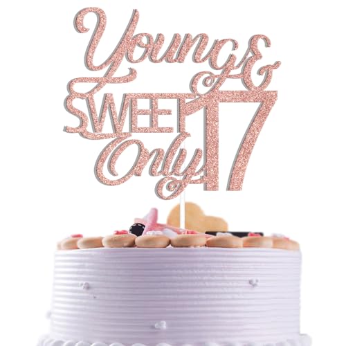 Tortenaufsatz, Roségold, glitzernd, "Young & Sweet Only 43.2 cm, Partydekoration zum 17. Geburtstag, Hello 17, Dancing Girl 17, 17. Hochzeitstag, Partyzubehör Tortenaufsatz, Roségold, glitzernd, "Young & Sweet Only 43.2 cm, Partydekoration zum 17. Geburtstag, Hello 17, Dancing Girl 17, 17. Hochzeitstag, Partyzubehör von Qxcv