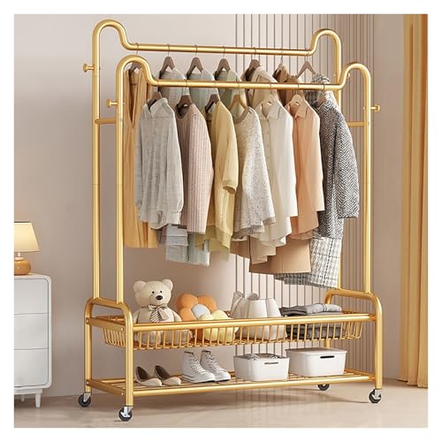 Qxgylz Metall Kleiderständer Auf Rollen, Stabil Kleiderstange Mit Haken Und Schuhregal Metall, Freistehender Doppelruten Kleiderbügel Für Schlafzimmer Kleiderständer(Gold,80x170x45cm) von Qxgylz
