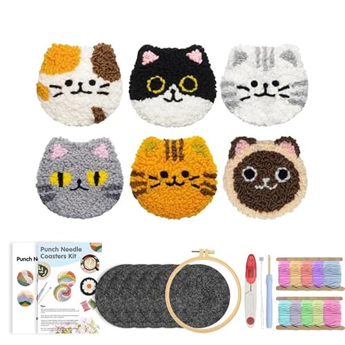 6-teiliges Stanznadel-Untersetzer-Set, Stanznadel-Stickset für Anfänger, einfache Kunst, Arbeit, Dekoration, Untersetzer-Kits, getuftete Untersetzer, Stanznadeln, Kits mit selbstklebendem Filzgarn von Qxiao