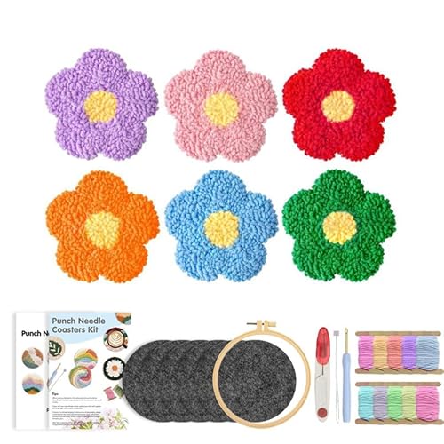 6-teiliges Stanznadel-Untersetzer-Set, Stanznadel-Stickset für Anfänger, einfache Kunst, Arbeit, Dekoration, Untersetzer-Kits, getuftete Untersetzer, Stanznadeln, Kits mit selbstklebendem Filzgarn von Qxiao