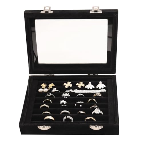 Samt Schmuckkasten Schmuck Organizer, Ring Aufbewahrungsbox Jewelry Organizer Schmuckschatulle mit 7 Fächern und Deckel für Ringe,Ohrringe,Halskette und Manschettenknöpfe-Schwarz von Qxsuse
