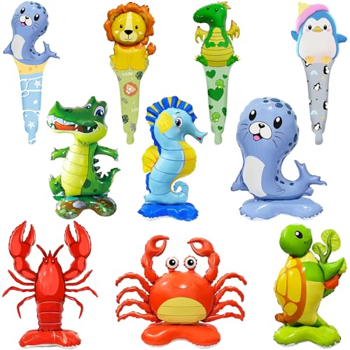 10 Stück Meerestiere Folienballon, Standing, XXL Ocean Luftballons, Giant Animals Seepferdchen Dolphin Crab Shrimp Turtle Krokodil Foil Ballons, Kinder Geschenk Geburtstag Jubiläum Ozean Thema Party von Qxwuyazbryl