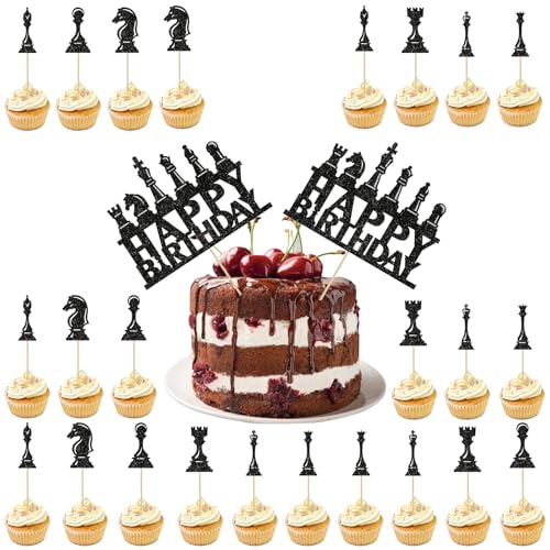 26 Stück Schach Tortendeko, Chess Happy Birthday Cake Topper, Schach Geburtstag Party Dekorationen, happy birthday Kuchendekorationen, Kinder Geburtstag Party Kuchen Dekorationen Supplies von Qxwuyazbryl