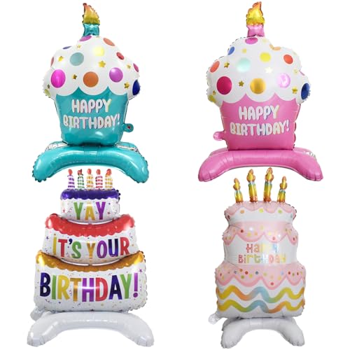 4 Stück Happy Birthday Luftballons Stehend, XXL Folienballon Happy Birthday, Geburtstag Ballon Torten, Helium Ballons Geburtstagsdeko, Aufblasbare Torte Luftballon, für Kindergeburtstag Party Deko von Qxwuyazbryl