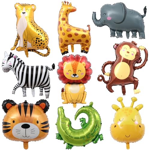 9 Stück Folienballon Tiere, Kinder Tier Luftballon Set, XXL Löwe Tiger Giraffe Luftballon, Waldtiere Krokodil Zebra Affe Leopard Helium Ballon, Dschungel Animal Balloons für Kindergeburtstag von Qxwuyazbryl