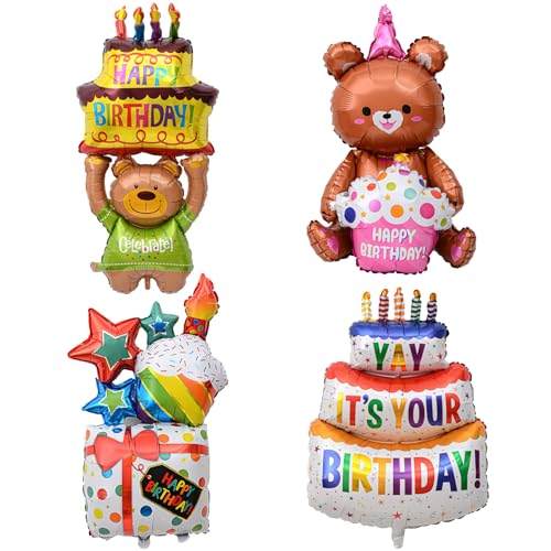 Folienballon Happy Birthday Torten XXL, 4 Stück Happy Geburtstag Kuchen Folienballon Deko, Bär Deko Geburtstags, Geburtstag Aufblasbare Helium Ballons für Kinder Geburtstags Junge Mädchen von Qxwuyazbryl