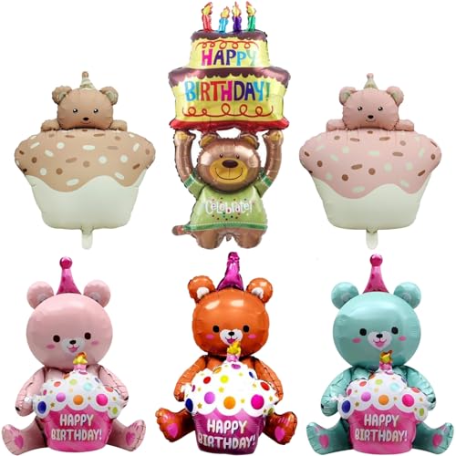 Luftballons Bärchen, XXL Happy Birthday Bärchen Luftballon, 6 Stück Folienballon Bär, Geburtstags Torten Ballon, für Happy Birthday Party Deko, Kinder Geburtstags luftballons Dekoration von Qxwuyazbryl