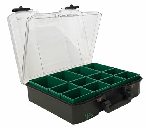 raaco CarryLite 80 4x8-12: Premium Sortierbox für Werkstatt mit Sandwich-Deckel, 12 Einsätze, Sortimentskasten & Sortierboxen für Kleinteile, Traglast 10 kg, Sichere Aufbewahrung, 27,8 x 33,7 x 8,2 cm von RAACO