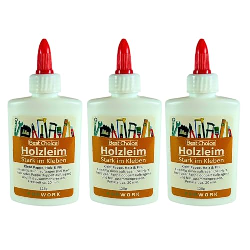 Holzleim 125 g – Weißleim & Holzkleber für Werkstatt, Basteln & Reparaturen – starker Kleber für Holz, Pappe & saugende Materialien, wasserfest & schnelltrocknend, wahlweise 1x oder 3x (3) von RACEL