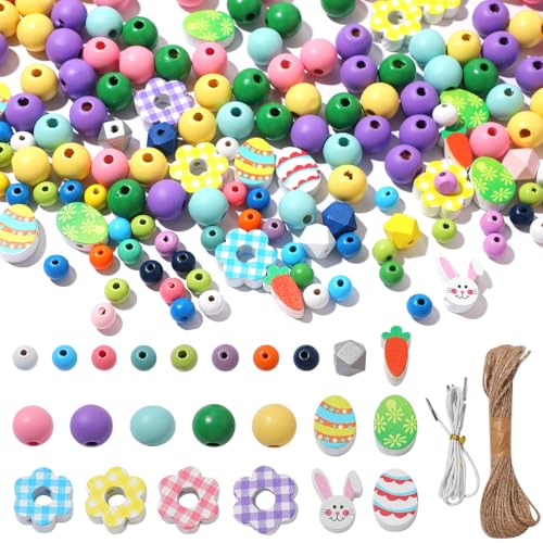 RACIOCK Oster-Holzperlen, bunt, rund, Bastelperlen, Hasen, Ei, Karotte, Holzperlen mit Armbändern mit farbigen Holzperlen für Ostern, Zuhause, Basteln, Frühlingsgirlande, Party-Dekorationen, 315 Stück von RACIOCK