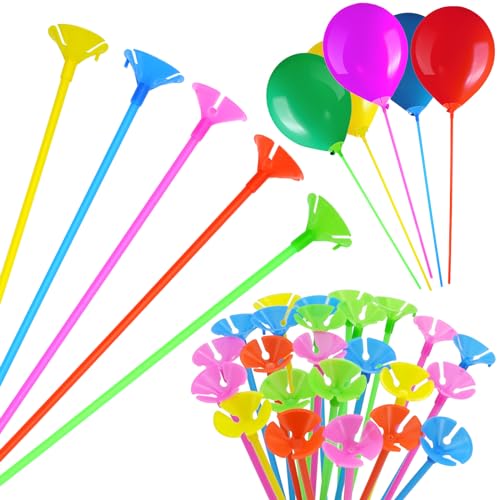 Ballon Tassen Stangen 100 Ballonständer Kunststoff Luftballon Stäbe, Ballonhalter Wiederverwendbar Ballon Stäbe Mehrfarbig für Dekoration Geburtstag Party, Hochzeit Zubehör Feiertage Heimdekoration von RAFIYU