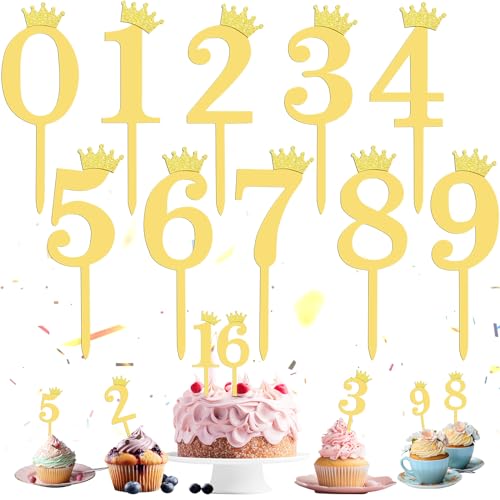 Happy Birthday Cake Topper 10 Stück Gold Zahlen 0-9 Kronenleiste Geburtstag Tortendeko für Tischdekorationen Hochzeit Topper Kuchen von RAFIYU