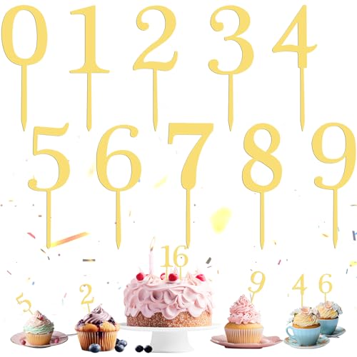 RAFIYU Cake Topper Geburtstag 10 Stück Tortendeko Gold Zahlen 0-9 Geeignet für Geburtstagsfeiern Jeden Alters Hochzeitsparty Cake Topper Personalisiert Wiederverwendbar (2) von RAFIYU