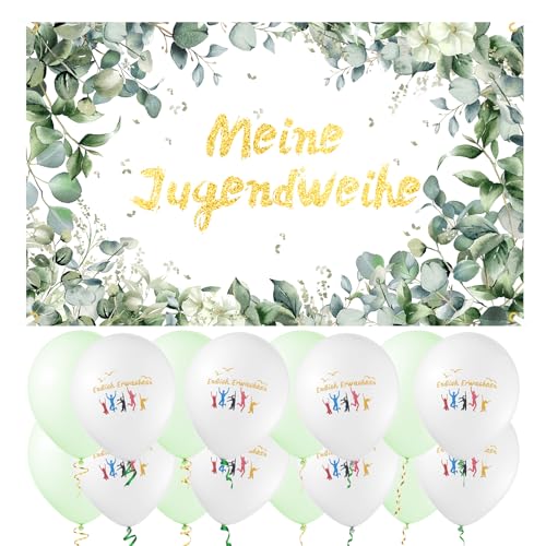 RAFIYU Jugendweihe Deko: Banner 'Meine Jugendweihe', Luftballons 'Endlich Erwachsen', Grün, Set mit Banner, 16 Luftballons, 50 Punktkleber, 2 Bänder, 6 m Seil von RAFIYU