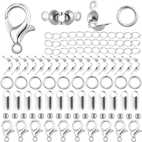 RAFIYU Schmuckherstellung Zubehör 1250 Stück,Kettenverschluss，Armband Verschlüsse,Einschließlich Offener Sprungringe, Karabinerhaken und Perlenknotenabdeckungen für DIY-Schmuck Handwerk (Silver) von RAFIYU