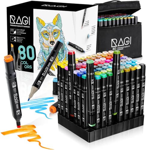 RAGI Alkohol Marker Stifte Set - 80 Twin Marker in Intensive Farben - Filzstifte Doppelseitig zum Malen von Illustrationen, Schnell Trocknend, Wasserfest und Sicher - Set mit Basis in Schwarzer Tasche RAGI Alkohol Marker Stifte Set - 80 Twin Marker in Intensive Farben - Filzstifte Doppelseitig zum Malen von Illustrationen, Schnell Trocknend, Wasserfest und Sicher - Set mit Basis in Schwarzer Tasche von RAGI