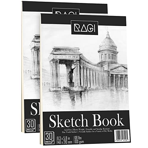RAGI Zeichenblock Set 2 Stück - Skizzenbuch ideal als Zeichenblock oder Malblock - Skizzenblock A5 100g/m² 2x30 Blätter - Sketchbook für den Schüler, Studenten und Künstler von RAGI