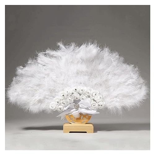 RAGOPILEN Faltbarer Handfächer, Handfächer for Hochzeiten, Brautfächer mit Federn, Spitze, Strass, Rosen, Weiß(E) von RAGOPILEN