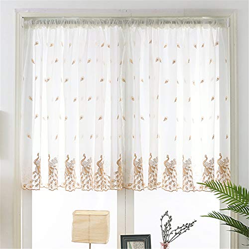 RAILONCH Scheibengardine, 1er Pack Kurzgardine Bistrogardinen Voile Vorhang, Transparente Gardine mit Pfauen-Stickerei Muster (Kaffee,150 x 120 cm) von RAILONCH