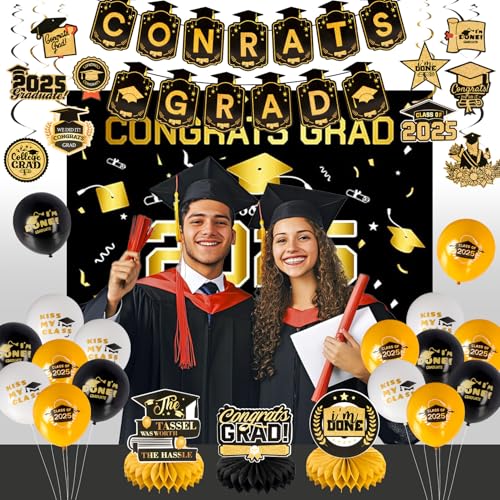 RAINFLOW Abschlussdekorationen 2025 Klasse 2025, Schwarz und Gold, Abschlussfeier-Dekor-Set, inklusive Congrats Grade Banner, Klasse 2025 Hintergrund, Partyzubehör für High School & College Feiern RAINFLOW Abschlussdekorationen 2025 Klasse 2025, Schwarz und Gold, Abschlussfeier-Dekor-Set, inklusive Congrats Grade Banner, Klasse 2025 Hintergrund, Partyzubehör für High School & College Feiern von RAINFLOW