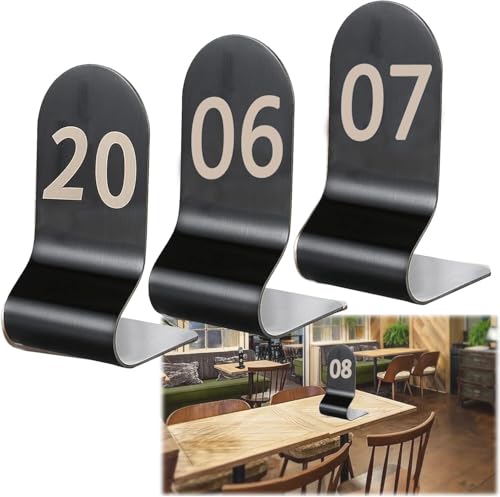 Edelstahl Tischschilder Doppelseitig, Stehende Tischnummer 1-10/20, Leicht Abwaschbar, Platzsparend, Metall Nummernschilder Stapelbar for Restaurants(Black,1-20(12x6cm)) von RAKKYOFD