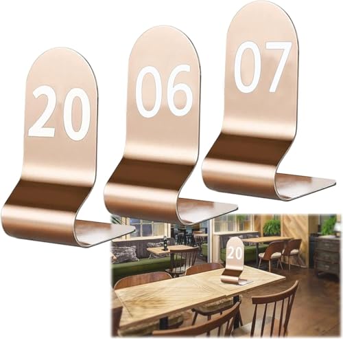 Edelstahl Tischschilder Doppelseitig, Stehende Tischnummer 1-10/20, Leicht Abwaschbar, Platzsparend, Metall Nummernschilder Stapelbar for Restaurants(Rose Gold,1-20(12x6cm)) von RAKKYOFD