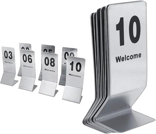 RAKKYOFD Tischnummernschild 1-25 1-50, Edelstahl-Tischkarten mit Zahlen, 155 x 60 mm, Restaurantkarten, Teller aufrecht stehend, stapelbar, doppelseitig, for Hochzeiten und Empfänge(1 to 50) von RAKKYOFD