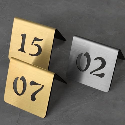 Selbststehende Tischkarten, Tischnummern-Set aus Edelstahl, doppelseitige Tischnummern 1–50, Tischnummern im Zeltstil for Restaurants und Cafés, Tischnummern aus Metall(Gold 6cm,11-15) von RAKKYOFD