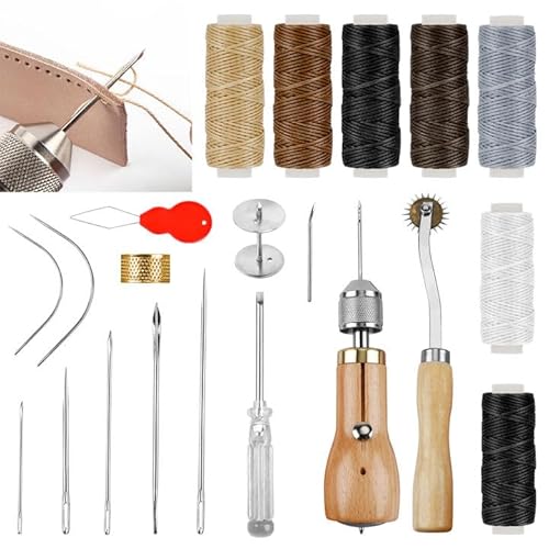21 Stück Leder Nähset, Leder Nähwerkzeug mit Leder-Stich-Nähahle, 7 Rollen Leder Wachsfaden,Messingring,Spule,Greifer,Leder Werkzeuge Set für DIY Handwerk von RAKUTE