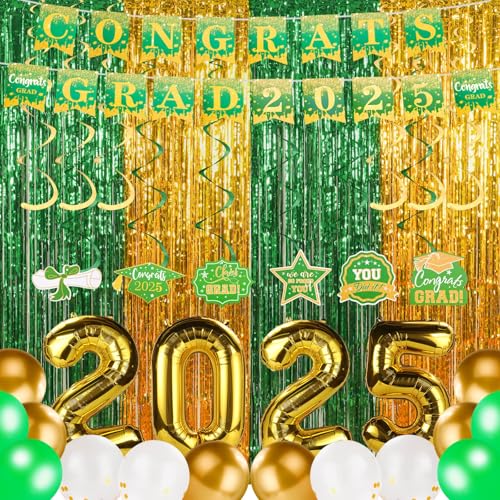 55 Stück 2025 Abschlussparty-Dekorationen, Luftschlangen, Luftballons, Abschlussfeier, Party, Grün, Gold, Lametta-Hintergrund, 90 x 180 cm, Folien-Fransenvorhang für College, Universität, 55 Stück 2025 Abschlussparty-Dekorationen, Luftschlangen, Luftballons, Abschlussfeier, Party, Grün, Gold, Lametta-Hintergrund, 90 x 180 cm, Folien-Fransenvorhang für College, Universität, von RANERVZ