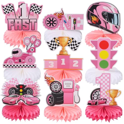 9 Stück Rennwagen 1. Geburtstag Waben Mittelstücke Let's Go Racing Fast One Birthday Party Tischdekoration Rennwagen Tischaufsätze für Babyparty ein Jahr alt rosa Auto-Tischaufsatz Schild Dekorationen von RANERVZ