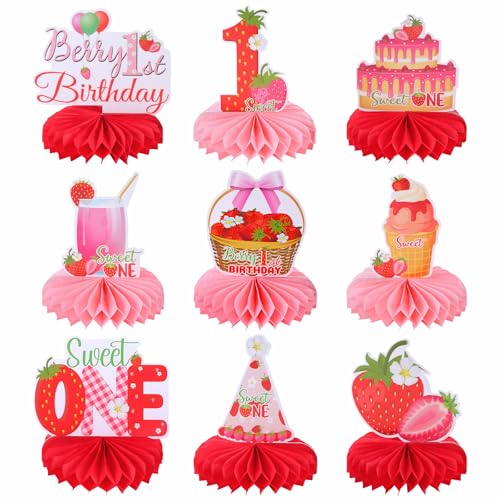 9 x Erdbeer-Waben-Tafelaufsätze für den 1. Geburtstag, Party-Dekorationen, Sweet One Strawberry Tischaufsätze, Babyparty, erster Geburtstag, Tischaufsatz, Schild-Dekorationen 9 x Erdbeer-Waben-Tafelaufsätze für den 1. Geburtstag, Party-Dekorationen, Sweet One Strawberry Tischaufsätze, Babyparty, erster Geburtstag, Tischaufsatz, Schild-Dekorationen von RANERVZ