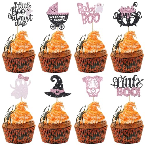 Glitzer-Cupcake-Topper für Halloween, Babyparty, Geist A Little Boo is Almost Due Cupcake-Topper, Willkommens-Baby-Boo Hexenhut, Cupcake-Picks für Halloween, Dusche, Party-Dekorationen, 48 Stück Glitzer-Cupcake-Topper für Halloween, Babyparty, Geist A Little Boo is Almost Due Cupcake-Topper, Willkommens-Baby-Boo Hexenhut, Cupcake-Picks für Halloween, Dusche, Party-Dekorationen, 48 Stück von RANERVZ