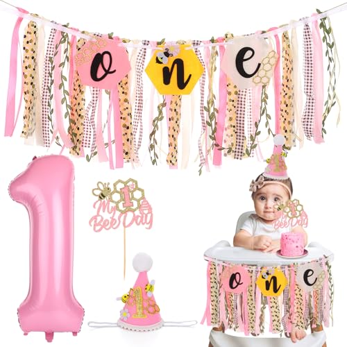 My 1st Bee Day Hochstuhl-Banner Rosa Gelb Hummel Erster Geburtstag Party Dekorationen Happy 1st Beeday Hochstuhl Quaste Girlande für Baby Shower One Year Hintergrund Dekor, mit Tortenaufsatz von RANERVZ