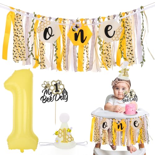 My 1st Bee Day Hochstuhl-Banner Schwarz Gelb Hummel Erster Geburtstag Party Dekorationen Happy 1st Beeday Hochstuhl Quaste Girlande für Baby Shower One Year Hintergrund Dekor, mit Tortenaufsatz von RANERVZ