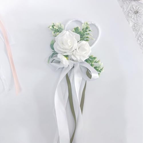 RANERVZ Weiße Hochzeit Blumenmädchen Zauberstab Handgemachte Feenstäbe für Waldhochzeit Brautdusche Zauberstab mit Herz Seidenband in Geschenkbox für Hochzeit Brautdusche Geburtstagsfeier von RANERVZ