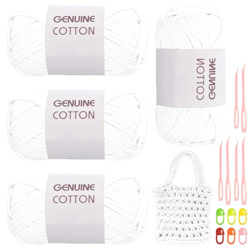RANJIMA 4 Stück Einfach Garn, Häkelgarn für Anfänger, Gut Sichtbare Maschen Garns Zum Häkeln mit Häkelzubehör, Baumwoll-Nylon-Garns für Kleidung, Decken, Taschen, Pullover (Weißes) von RANJIMA