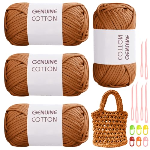 RANJIMA Braunes Garn, 4 Stück Einfach, Häkelgarn für Anfänger, Gut Sichtbare Maschen Zum Häkeln Mit Häkelzubehör, Baumwoll-Nylon-Garn für Kleidung, Decken, Taschen, Pullover von RANJIMA