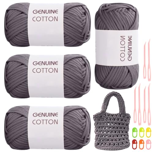 RANJIMA Dunkelgrau Garn, 4 Stück Einfach Garn, Häkelgarn für Anfänger, Gut Sichtbare Maschen Garns Zum Häkeln mit Häkelzubehör, Baumwoll-Nylon-Garns für Kleidung, Decken, Taschen, Pullover von RANJIMA