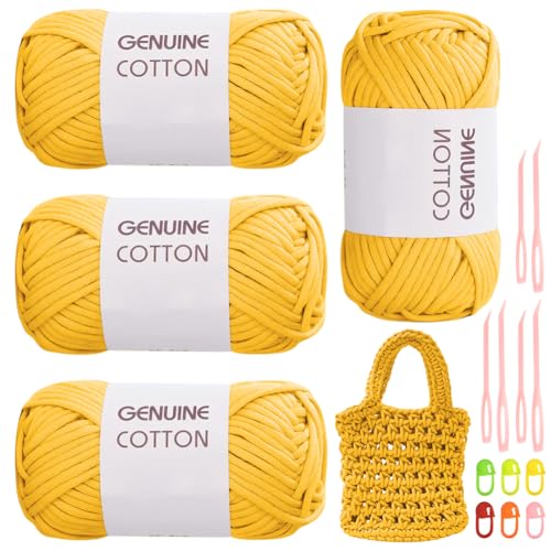 RANJIMA Golden Garn, 4 Stück Einfach, Häkelgarn für Anfänger, Gut Sichtbare Maschen Zum Häkeln Mit Häkelzubehör, Baumwoll-Nylon-Garn für Kleidung, Decken, Taschen, Pullover von RANJIMA