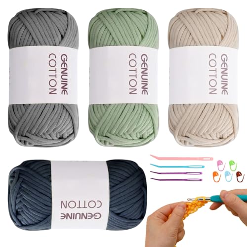 RANJIMA Häkelgarn für Anfänger, 4 Stück Einfach Garn,Kein Geteiltes Garn,Gut Sichtbare Maschen Garns Zum Häkeln mit Häkelzubehör,Baumwoll-Nylon-Garns für Anfänger(Dunkelblau+Hellgrün+Dunkelgrau+Beige) von RANJIMA