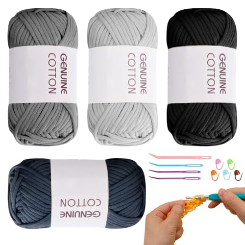 RANJIMA Häkelgarn für Anfänger,4 PCS Einfach Garn,Kein Geteiltes Garns,Gut Sichtbare Maschen Garn Zum Häkeln mit Häkelzubehör,Baumwoll-Nylon-Garns für Anfänger (Dunkelblau+Hellgrau+Dunkelgrau+Schwarz) von RANJIMA