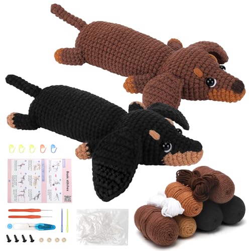 RANJIMA Häkelpaket für Anfänger, Häkeln Tier Kit Komplett Dackel Hund Häkeln mit Garn DIY-Häkelpaket für Anfänger Häkelset Tiere Kreativ Strickset Bastelset für Erwachsene Kinder ab 8 Jahren von RANJIMA