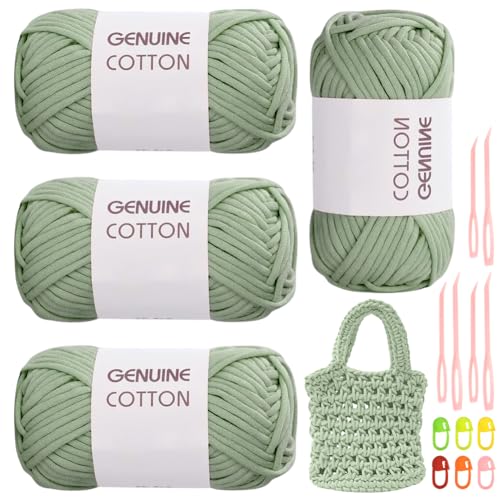 RANJIMA Hellgrünes Garn, 4 Stück Einfach Garn, Häkelgarn für Anfänger, Gut Sichtbare Maschen Garns Zum Häkeln mit Häkelzubehör, Baumwoll-Nylon-Garns für Kleidung, Decken, Taschen, Pullover von RANJIMA
